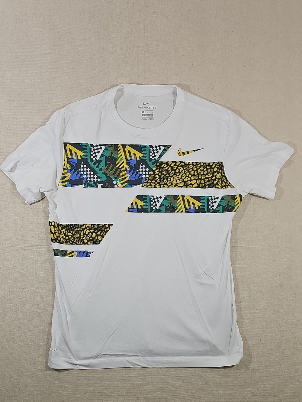 Nike White Short-Sleeve Tee with Yellow, Blue, Green and Black Graphic Panels
